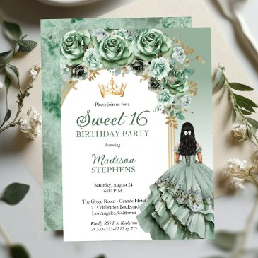 elegant sage green rose floral sweet 16 party invitation