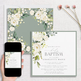 Small Elegant Sage Green Watercolor Floral Baptism Invitation Front View