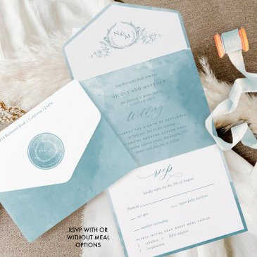 elegant sage sea glass watercolor monogram wedding all in one invitation