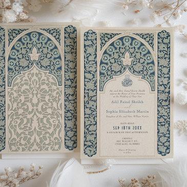 elegant sapphire and cream islamic lace wedding invitation