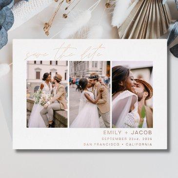 elegant save the date 3 photo minimalist rose gold foil invitation