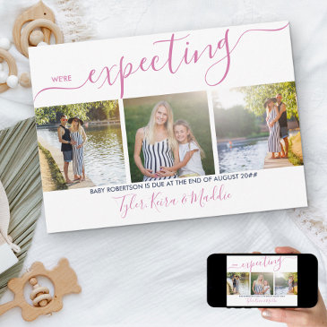 elegant script 3 square photo pink navy pregnancy announcement