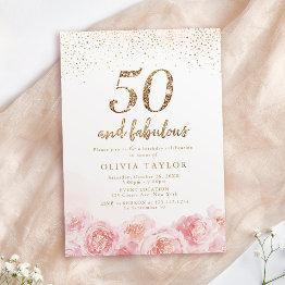 Small Elegant Script Gold & Blush Floral 50th Birthday Invitation Front View