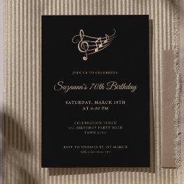 Small Elegant Script Music Notes Birthday Invitation Front View