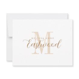 Small Elegant Script Name Gold Monogram Flat Note Invitations Front View