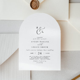 Small Elegant Script Simple Monogram Boho Arch Wedding Invitation Front View
