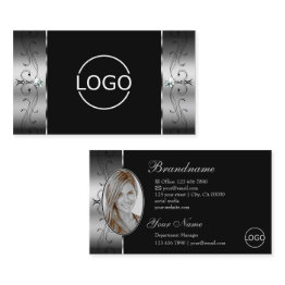 Small Elegant Silver Black Squiggled Jewels Logo & Photo Business Invitations Front View