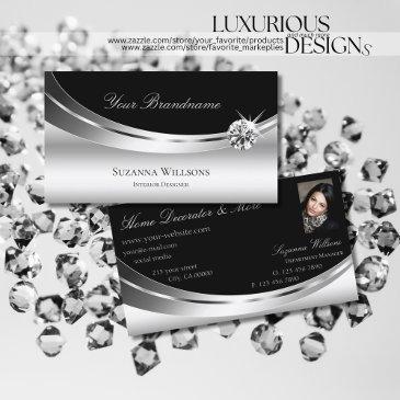 elegant silver black with photo & sparkle diamond business invitations