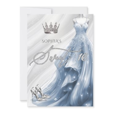 elegant silver dusty blue sparkle dress sweet 16 invitation