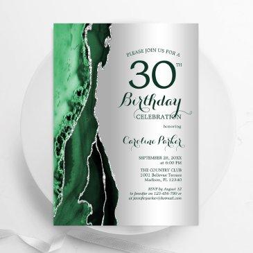 elegant silver emerald green agate 30th birthday invitation