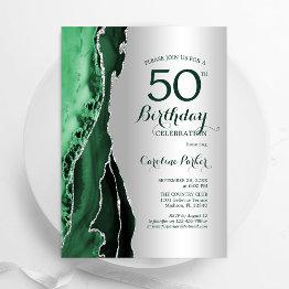 Small Elegant Silver Emerald Green Agate 50th Birthday Invitation Front View