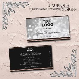 Small Elegant Silver Glitter Logo Black Rose Gold Border Business Invitations Front View