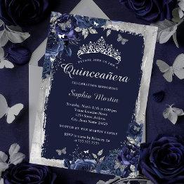 Small Elegant Silver Navy Flower Quinceanera Foil Invitation Front View