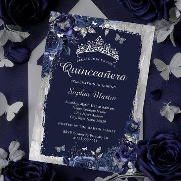 elegant silver navy flower quinceanera foil invitation