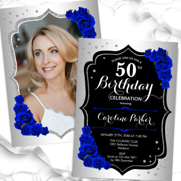 elegant silver royal blue photo 50th birthday invitation