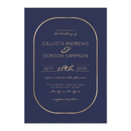 Small Elegant Simple Navy Blue Gold Oval Border Wedding Invitation Front View