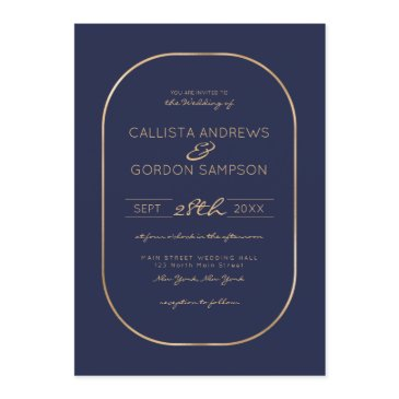 elegant simple navy blue gold oval border wedding invitation