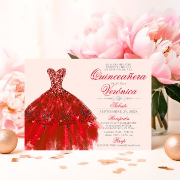 elegant spanish quinceañera mis quince red roses invitation
