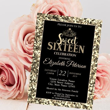 elegant stylish tiara,gold sequins sweet 16 part invitation