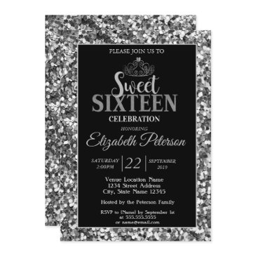elegant stylish tiara,silver sequins sweet 16 part invitation