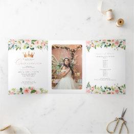 Small Elegant & Sweet Blush Pink Floral Quinceañera Tri-fold Holiday Invitations Front View