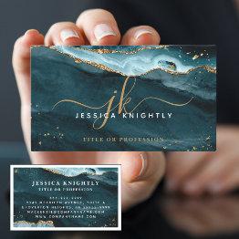 Small Elegant Teal Agate Gold Glitter Script Monogram Business Invitations Front View