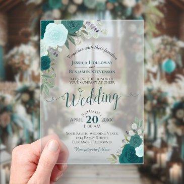 elegant teal & aqua watercolor roses boho wedding acrylic invitations