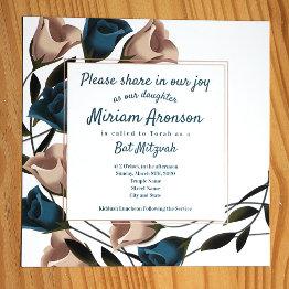 Small Elegant Teal Beige Roses Bat Mitzvah Invitation Front View