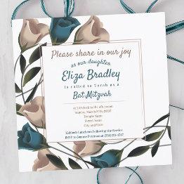 Small Elegant Teal, Beige Roses Bat Mitzvah Invitation Front View
