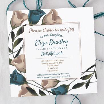 elegant teal, beige roses bat mitzvah invitation