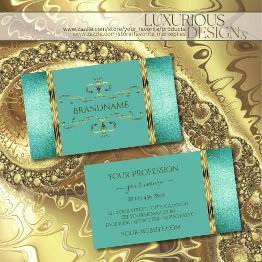 Small Elegant Teal Glitter Gold Border Ornate Ornaments Business Invitations Front View