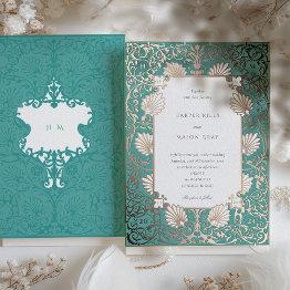 Small Elegant Teal Rose Gold Wedding Foil Invitation Front View