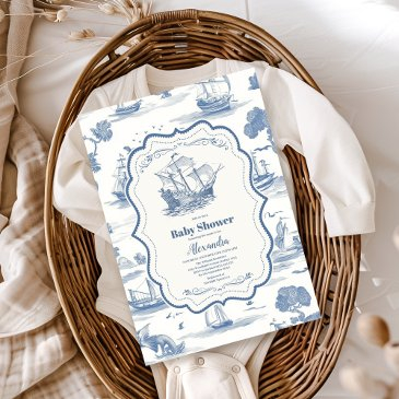 elegant toile nautical baby shower invitation