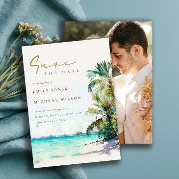 elegant tropical beach watercolor palm trees photo save the date
