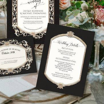 elegant vintage black white n gold wedding details invitation