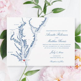 Small Elegant Virginia Beach Map Wedding Invitation Front View
