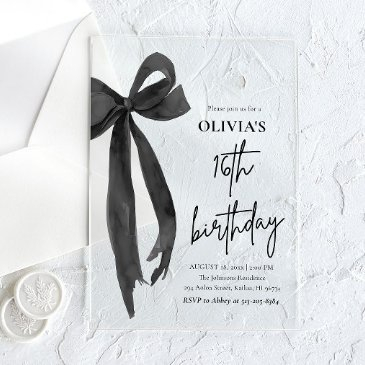 elegant watercolor black bow 16th birthday party acrylic invitations