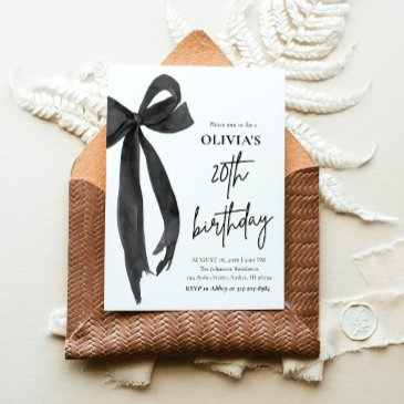 elegant watercolor black bow 20th birthday party invitation