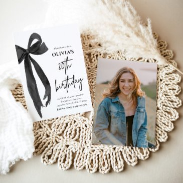 elegant watercolor black bow 20th birthday party invitation
