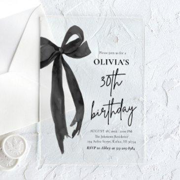 elegant watercolor black bow 30th birthday party acrylic invitations