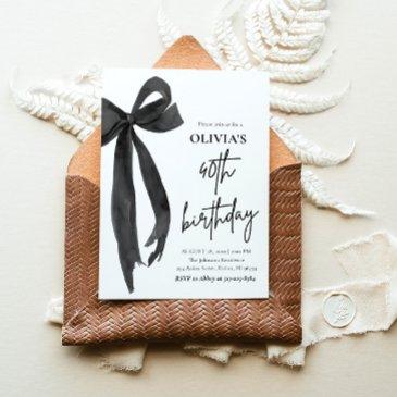 elegant watercolor black bow 40th birthday party invitation