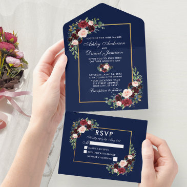 elegant watercolor burgundy blue floral wedding all in one invitation