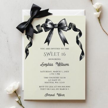 elegant watercolor coquette black bow sweet 16 invitation