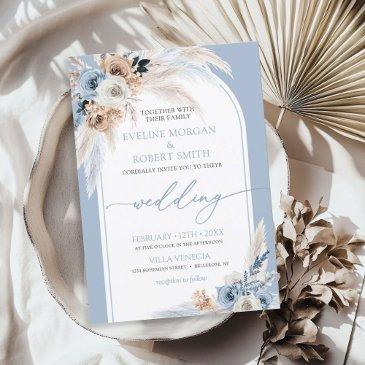 elegant watercolor dusty blue roses pampas arch invitation