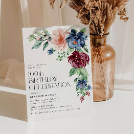 Small Elegant Watercolor Floral 100th Birthday Invitation Front View