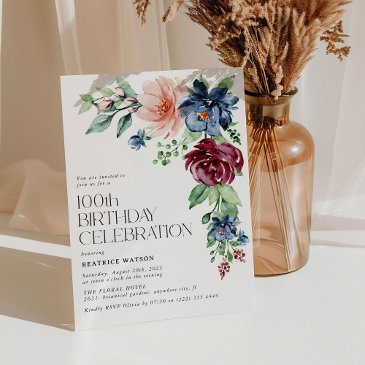 elegant watercolor floral 100th birthday invitation