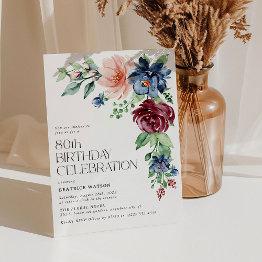 Small Elegant Watercolor Floral 80th Birthday Invitation Front View