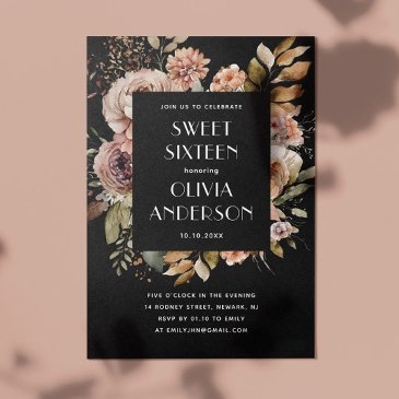 elegant watercolor floral black sweet 16 sixteen invitation