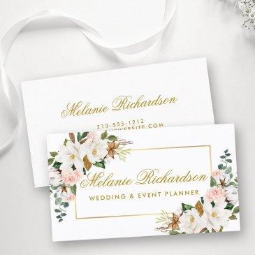 elegant watercolor floral magnolias roses gold business invitations