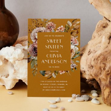 elegant watercolor floral mustard orange sweet 16 invitation